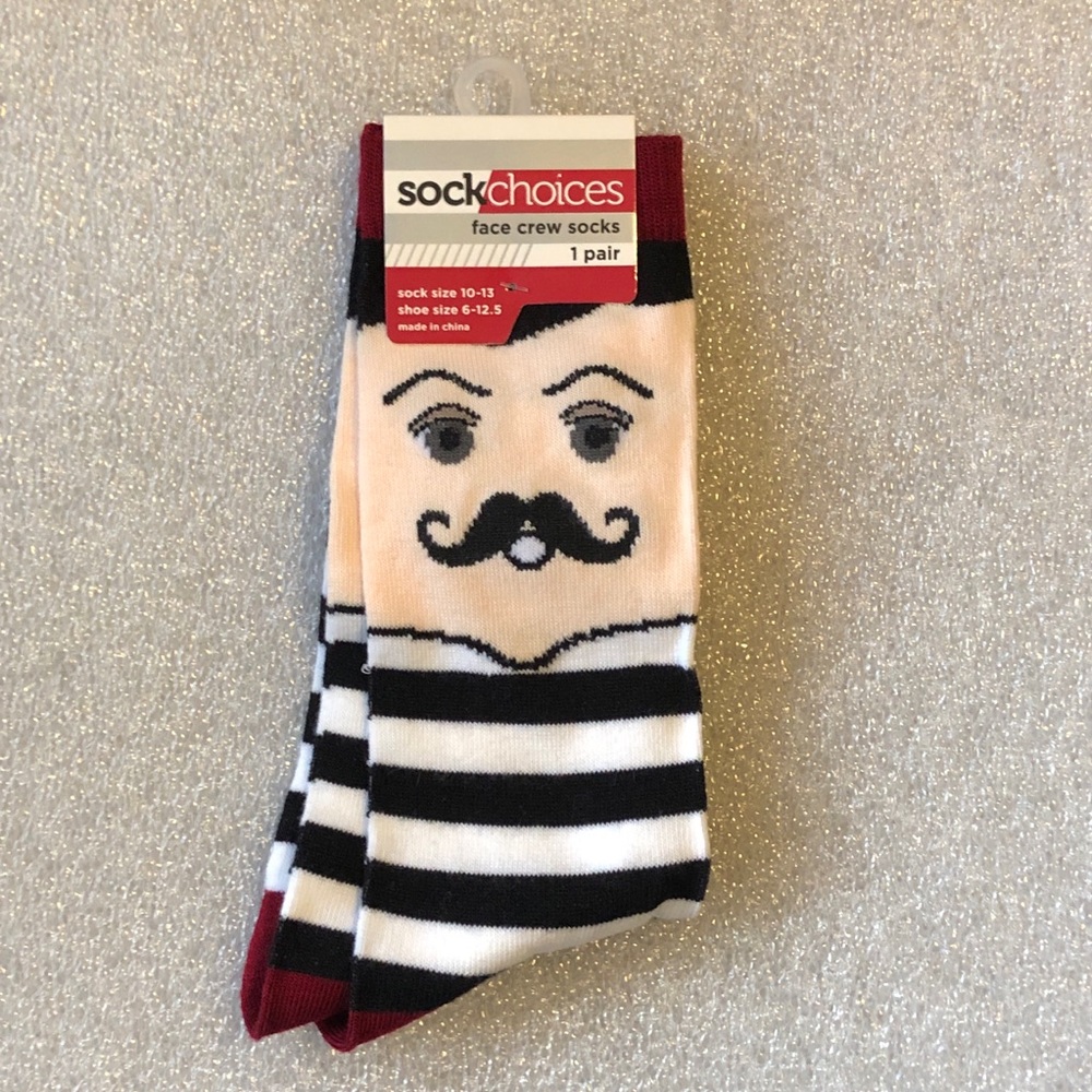 Handlebar Mustache Face Crew Socks - Sock Choices 1 pair NEW!